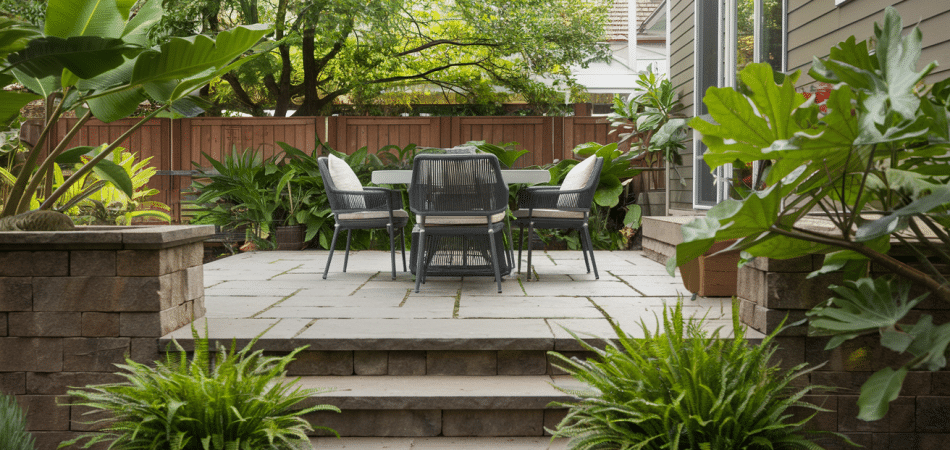 Modern patio with gray dining set, stone pavers, and lush greenery - Turnkey Outdoor Designs