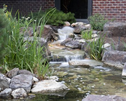 Small backyard waterfall cascading into a garden pond