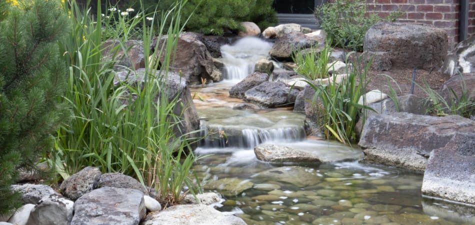 Small backyard waterfall cascading into a garden pond
