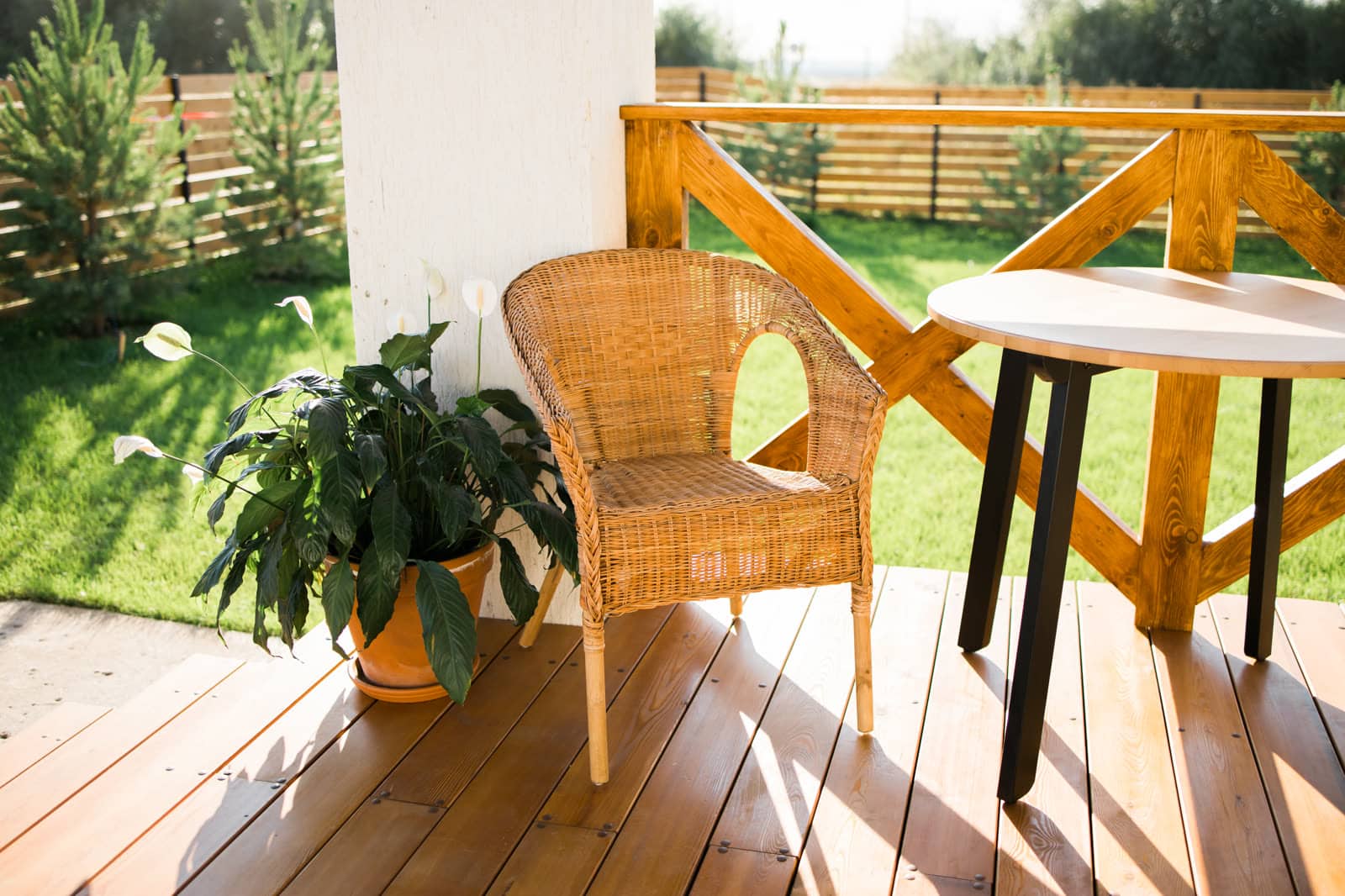 Bright timber deck with a bistro table and a potted palm