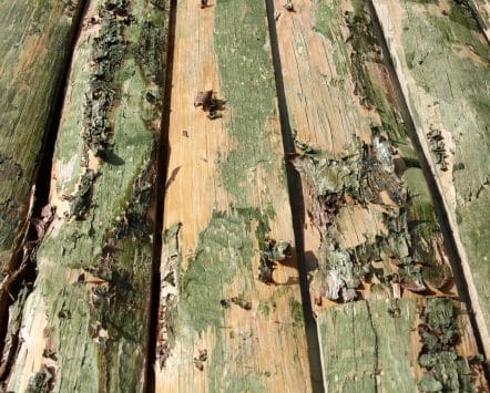 Weathered, decaying wooden boards with moss and lichen
